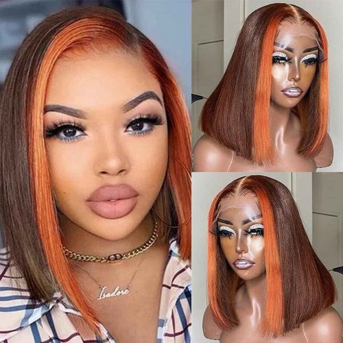 Ginger Orange Highlight Skunk Stripe Short Bob Wigs Human Hair Chocolate Brown Straight Bob Wigs Ombre 13x4 HD Lace Frontal Wigs Brazilian Virgin 150% Density Pre Plucked 8 Inch