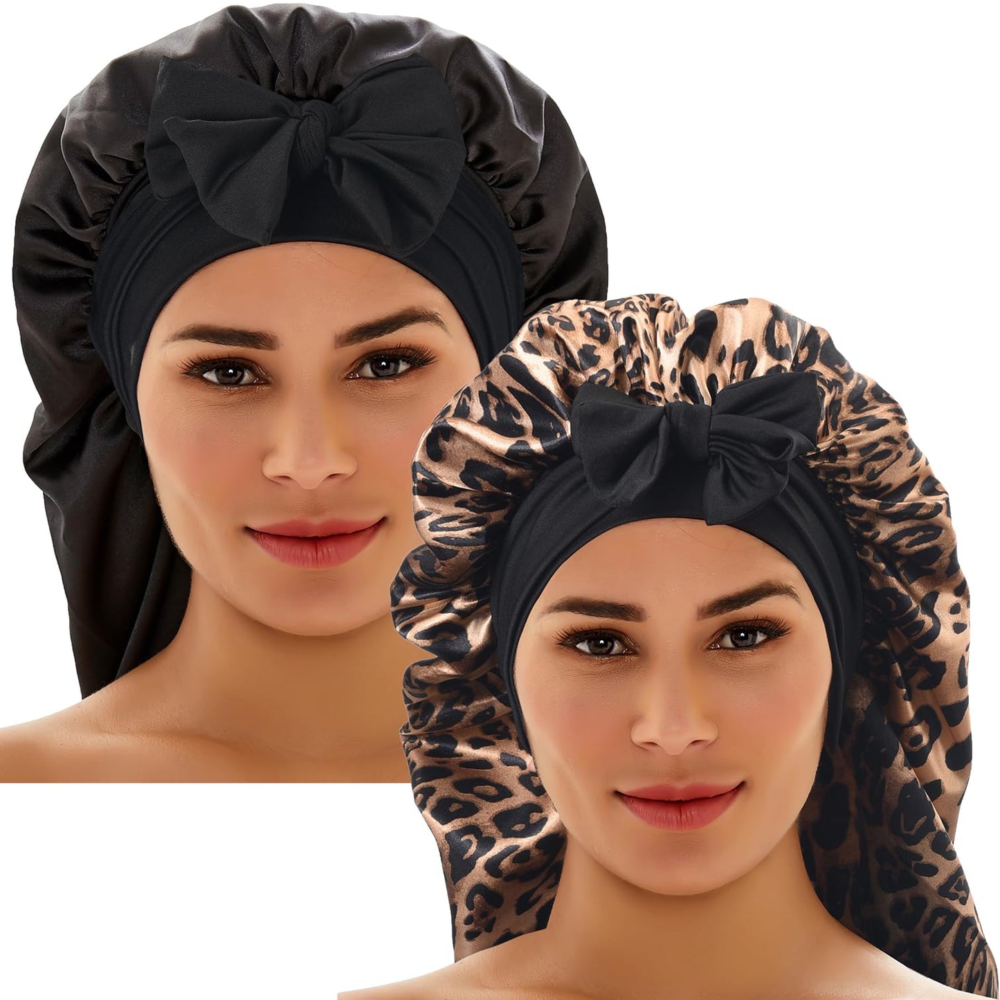 2 Pcs Silk Bonnet for Sleeping, Braid Bonnet Satin Bonnet with Tie Band Sleep Cap for Women Men Long Curly Hair Braids Black (2 Pcs-Black & Leopard)