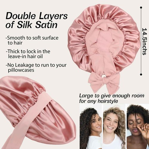 Double Layer Satin Silk Hair Bonnet for Sleeping Women Reversible Adjustable Bonnet with Tie Band for Curly Natural Braids Hair - Blush Pink