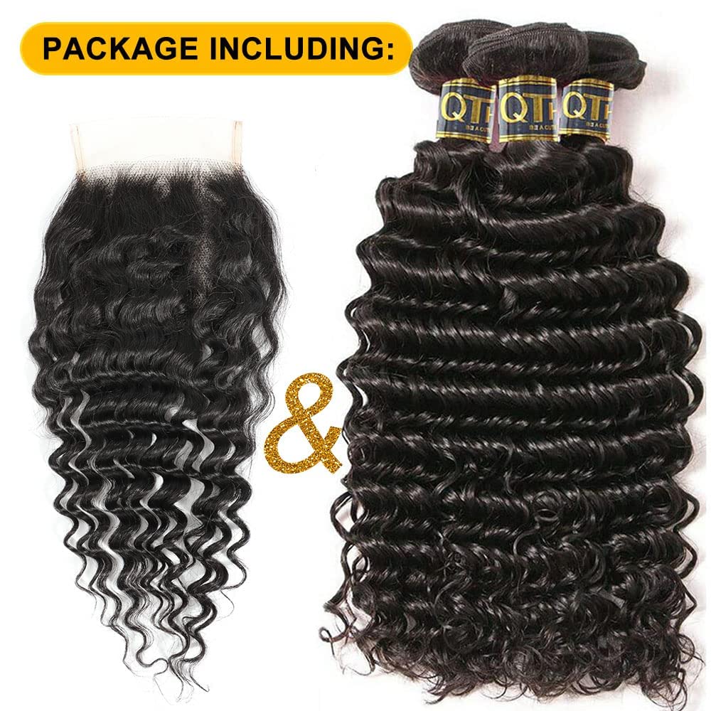 QTHAIR 14A Brazilian Deep Wave Bundles with Closure Virgin Human Hair Bundles with Closure 4x4 Lace Natural Color for Black Women 100% Unprocessed Deep Wave Human Hair(14 16 16+12)