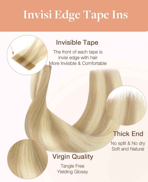 GOO GOO Invisi Edge Tape in Hair Extensions Human Hair, 18A/613A Dark Blonde Highlighted Bleach Blonde, 6pcs 20inch 18g, Virgin Remy Hair, Seamless Injected Tape, Natural Look