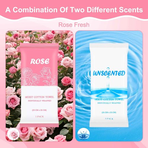 Moist Towelettes, Disposable Pre Moistened Towels Individually Wrapped, Soft Portable Face & Body Wet Towels for Travel Hotel Sport Camping Spa 9.8 x 9.8 inch, Rose & Fresh (100 Pack)