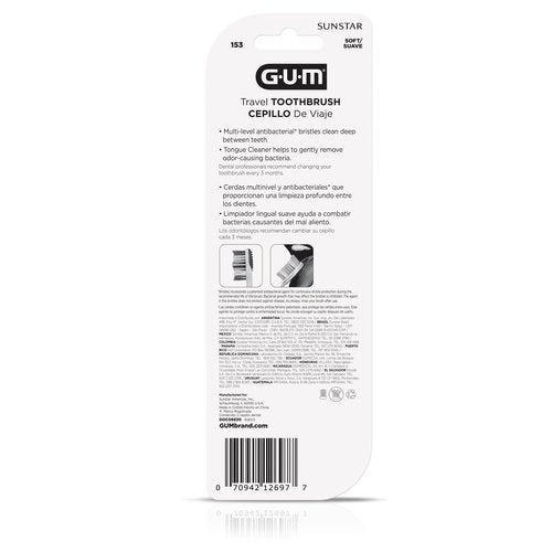 GUM Folding Travel Toothbrush, Compact Head + Tongue Cleaner, Soft Bristled Travel Toothbrushes for Adults, 2ct (Pack of 6)