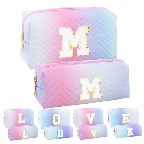2-Pack Quilted Makeup Bag Set – Cute Cosmetic Pouch for Travel, Toiletries, Purse & Organizer – Large Small Zipper Makeup Bags, Personalized Initial Gift for Women, Teens, Girls, Pink M
