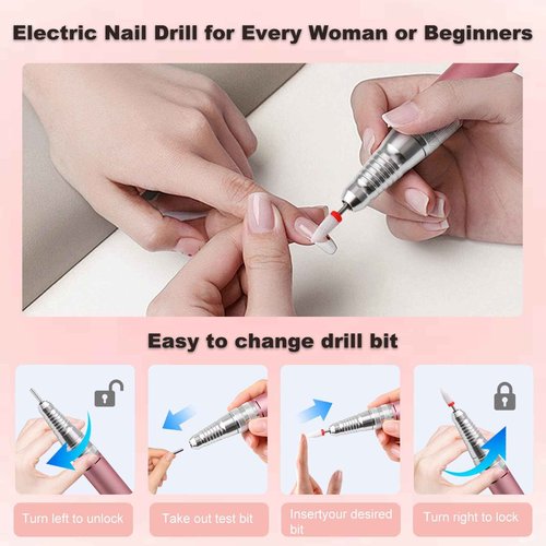 Qinvone Electric Nail Drill File, Professional 40000RPM Nail E-File Drill, Rechargeable Cordless Nail Drill with Bits & Base for Acrylic Nails Remove Nail Gel Polish Manicure for Home Salon Use (Pink)