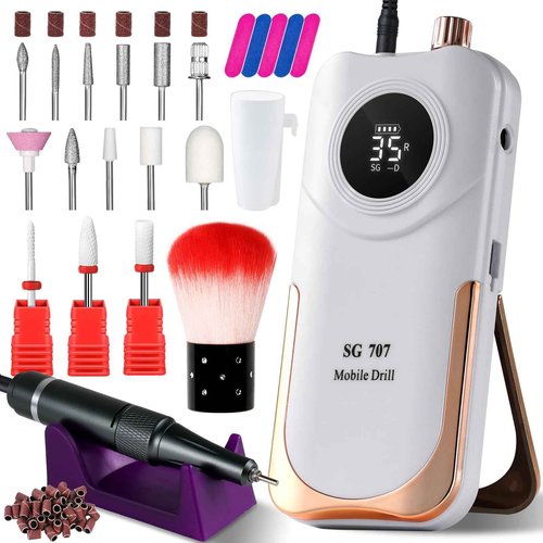 Moskany Professional Electric Nail Drill Kit 35000RPM with 14PCS Bits White Portable Rechargeable Cordless File Machine for Acrylic Gel Powder Nails and Manicure Pedicure Toenail Tool Salon Set