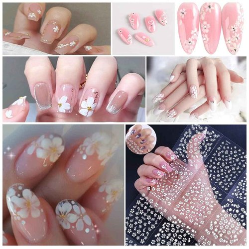 Flowers Nail Art Stickers 3D Self Adhesive Nail Art Supplies White Flower Stickers with Rhinestones Nail Design Floral Blossom Nail Decals for Nails Decorations Manicure Accessories 30Sheets