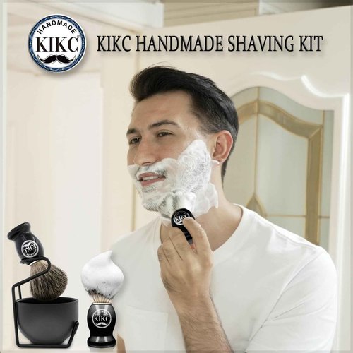 KIKC 5 in 1 Shaving Kit for Wet Shave, Set Includes Hand Crafted Pure Badger Shave Brush, Stainless Steel Lathering Soap Bowl, Shave Brush Stand, Shaving Cream, Best Gift for Bearded Man, Deluxe Black