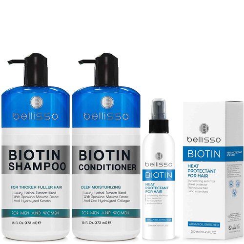 BELLISSO Biotin Shampoo and Conditioner Set and Biotin Heat Protectant Spray for Hair with Moroccan Argan Oil