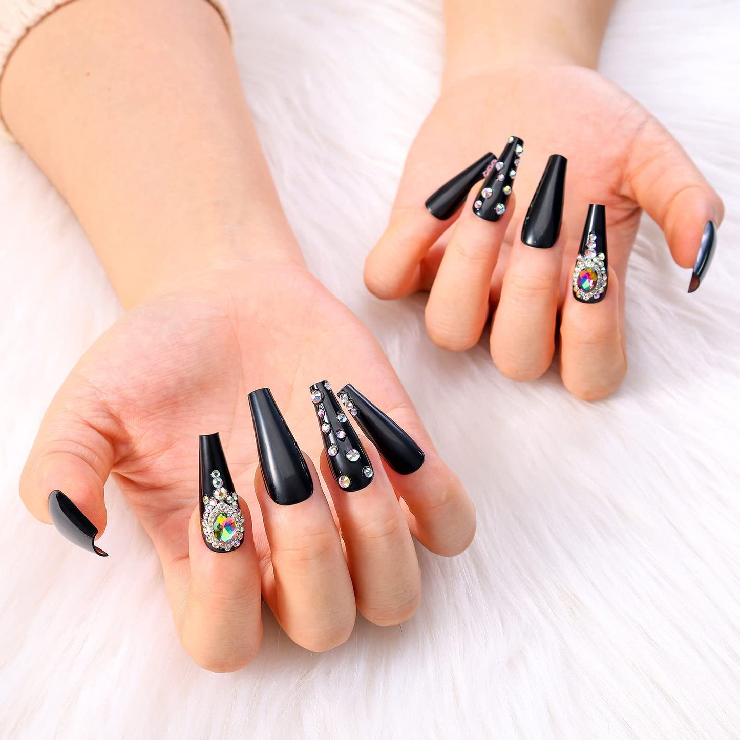 Artquee 24pcs Press on Nails Luxury Gem Black Ballerina Rhinestones Long Coffin Glossy Fake Nails False Tips Manicure for Women