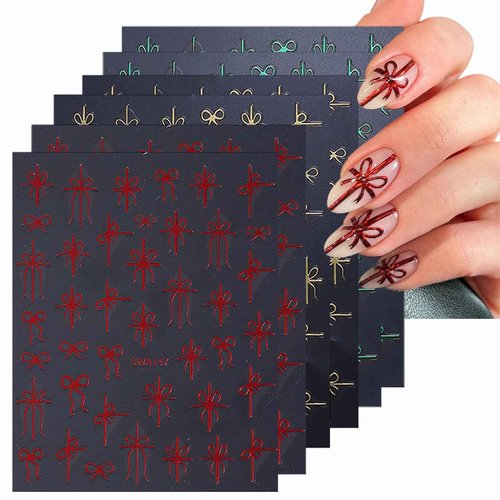 6 Pcs Christmas Gift Bow Nail Art Stickers 3D Self-Adhesive Nail Decals Gold Red Green Gift Bow-Knot Nail Stickers Winter Christmas Nail Art Supplies New Year Manicure Decoration for Women