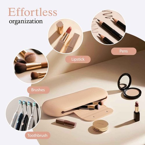 Silicone Makeup Brush Holder Set – Portable Travel Makeup Brush Holder with Makeup Sponge Holder and Foldable Cleaning Bowl – Upgraded 3-in-1 Cosmetic Organizer Set (khaki)