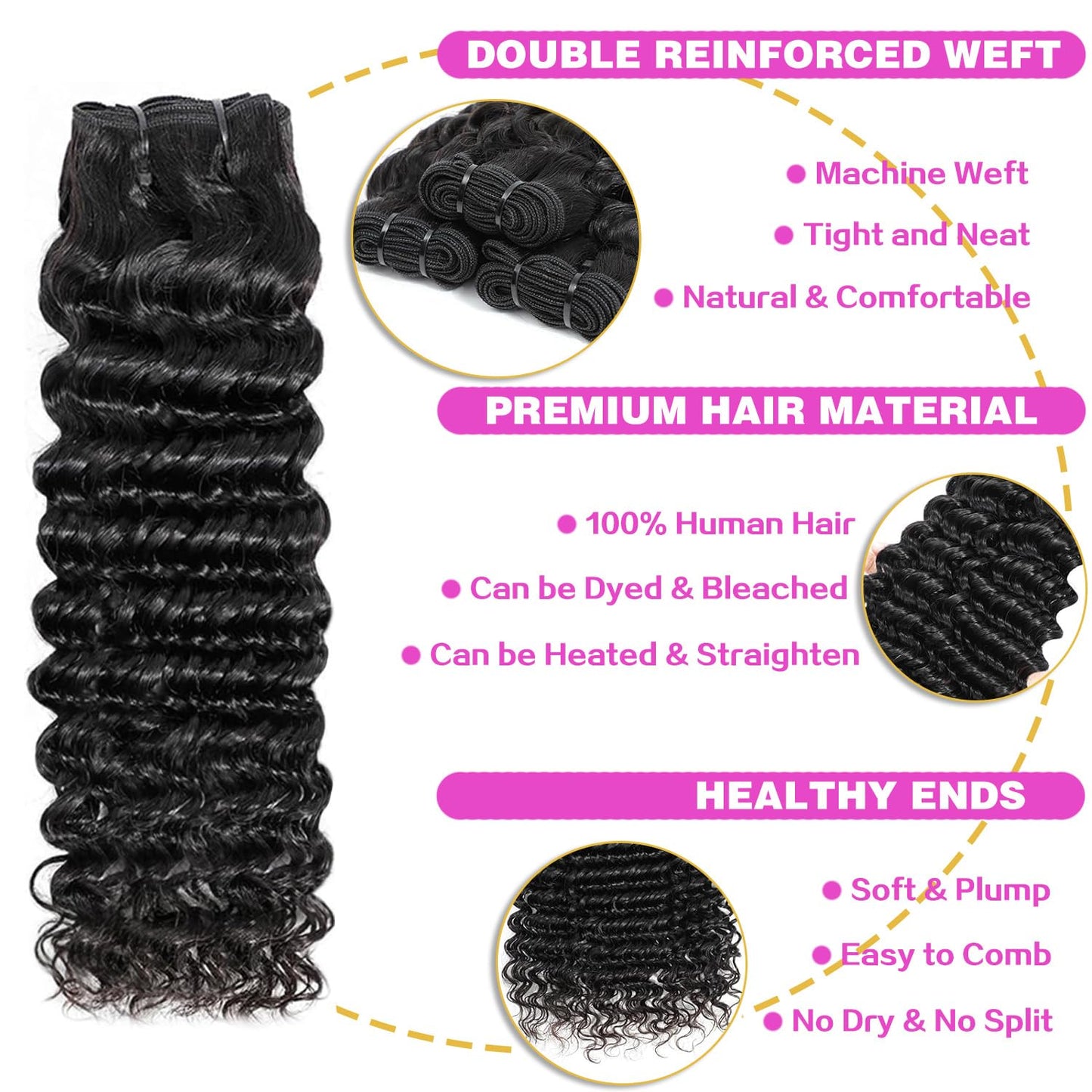 Deep Wave Human Hair Bundles Hair Bundles Wavy Deep Curly Human Hair Bundles Wet And Wavy Bundles Human Hair 3 Bundles Natural Black (Deep Wave, 12 14 16 Inch)