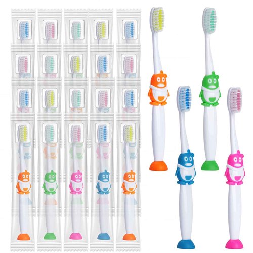 Akulgaci 100 Pack Kids Toothbrush Soft Bristles Toddler Cute Toothbrush Bulk with Suction Cup, Includes Travel Covers, Individually Wrapped Toothbrushes for Kid Home School Daycare Camp (Penguin)