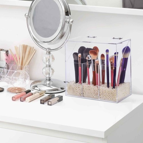 LOHRYVIO Acrylic Makeup Brush Holder with Lid - Clear Cosmetic Make up Brush Organizer and Storage Box with Dustproof Cover for Vanity - Large Capacity 3-Slots Container for Brushes (White)