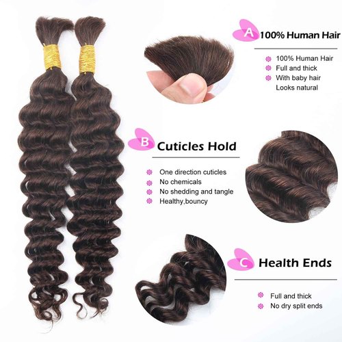 Human Braiding Hair for Boho Braids Deep Water Wave Curly Bulk Human Hair for Braiding Brazilian Virgin Human Hair for Micro Braiding Wet and Wavy Human Braiding Hair 100g 22inch Chocolate Brown