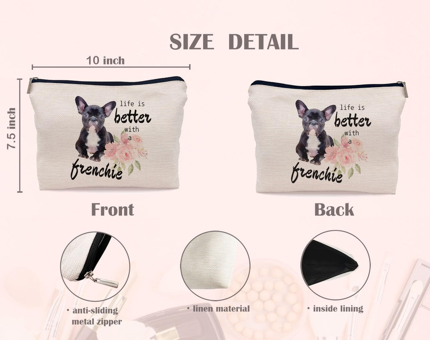 Lacosu French Bulldog Frenchie Makeup Bag Cosmetic Bags for Women, Frenchie Gifts for Women, French Bulldog Mom Gifts, Life is Better with a Frenchie Small Makeup Cosmetic Bag for Purse