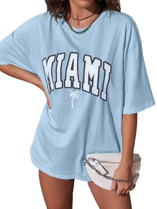 Verdusa Women's Graphic Shirt Oversized Cute Short Sleeve Tops Casual Loose Drop Shoulder Tee Light Blue X-Small