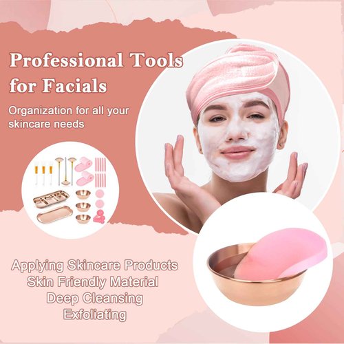28 Rose Gold Facial Supplies 3 Facial Mask Mixing Bowls 3 Facial Fan Brushes 3 Mask Applicator Brushes 3 Mask Measuring Spoons Skincare Tray 3-Compartment Tray 12 Facial Sponges 2 Spa Headbands