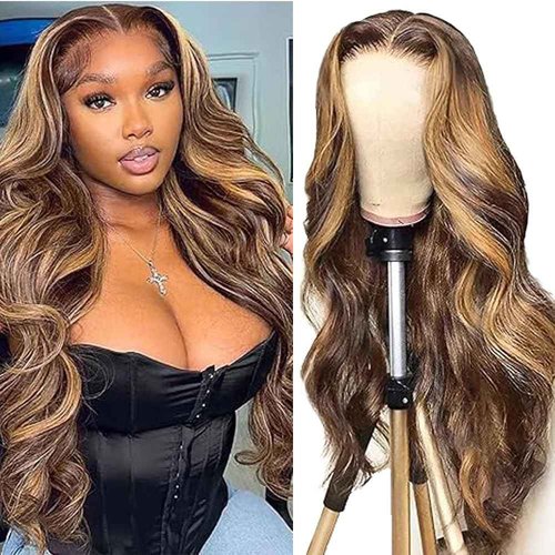 Lagalaga 18 Inch Color P4/27 Body Wave Wigs Human Hair Highlight Blonde Wis 200% Density Highlight Lace Frontal Wig 4x4 Lace Closure Wig Human Hair Pre Plucked For Black Women
