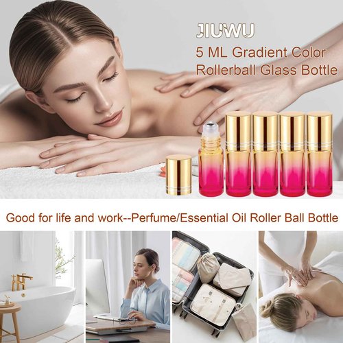 JIUWU 10-Pack 5ml Mini Essential Oil Roller Bottles with Stainless Steel Roller Ball - Leak-Proof Refillable Empty Glass Roll-On Containers for Travel, Perfume