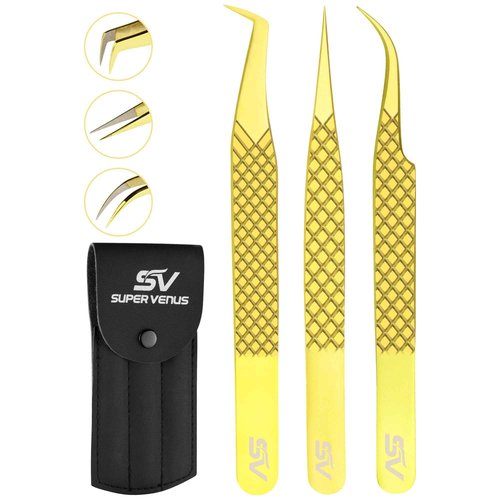 SV Lash Tweezers | Lash Extension Tweezers Set | 5Pcs Stainless Steel Eyelash Extension Tweezers Set | Volume/Isolation Nail Art Curved Tweezers (Gold 3 Pcs)