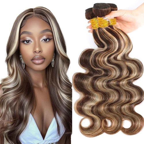 Dokksiiia P4613 Ombre Highlight Body Wave Human Hair Bundles Chocolate Brown and Blonde Mix P4/613 Ombre Brown Weave Bundles Brazilian Human Hair Extensions Silky and Soft 10 12 14 Inch