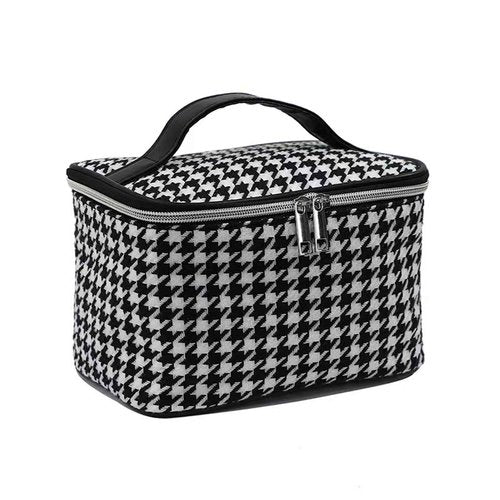 QIXCOZTI Portable Travel Toiletry Houndstooth Bag Men and Women kilobird Plaid Cosmetic Bag Bathroom Storage Bag (8.7INX6INX5.5IN) for Brushes Set,Full-Sized Shampoo,Toiletries,Accessories(black)