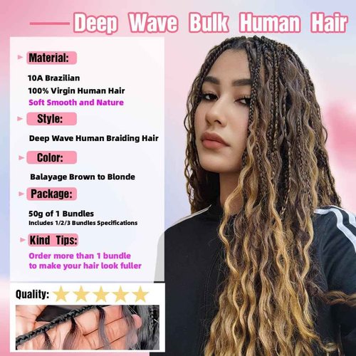 Human Braiding Hair, 2 Bundle 100g 16 Inch Boho Braids Human Hair 12A Deep Wave Bulk Brazilian Virgin No Weft Wavy Hair Extension for Boho Knotless Balayage Brown to Blonde