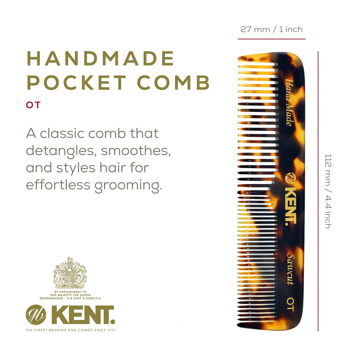 Kent OT TY 4.5" Fine Tooth Comb and Wide Tooth Comb Pocket Comb - Handmade Hair Comb for Men for Hair Combs, Beard Comb and Mustache Comb - Combs for Women and Kids, Saw Cut and Hand Polished