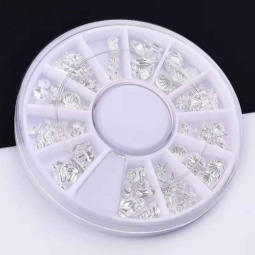 HYWWPFLAY 2 Disc 3D Silver Nail Charms, Beach Starfish Sea Seashell Nail Art Studs Rivet Alloy 3D Nail Gems Metallic Jewelry Decoration for Manicure DIY Nail Accessories (12 Style-Ocean)