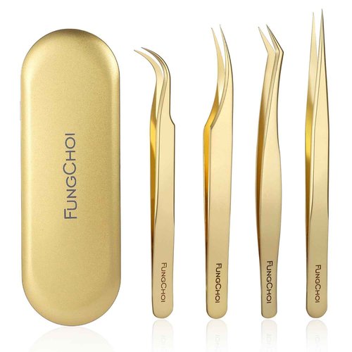 FungChoi 4-Piece High Precision Eyelash Extension Tweezers Set, Straight and Curved Lash Tweezers for Extensions, Volume Lash Tweezers for Crafting, with Iron Box Packaging