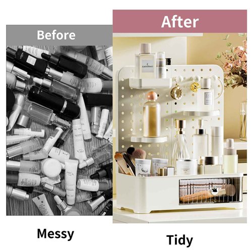 Weidace Makeup Organizer for Vanity, Aesthetic Cosmetic Storage Rack with Drawer and Pegboard Hooks, Adjustable Shelves Skincare Organizer for Bathroom Countertop, Cream White