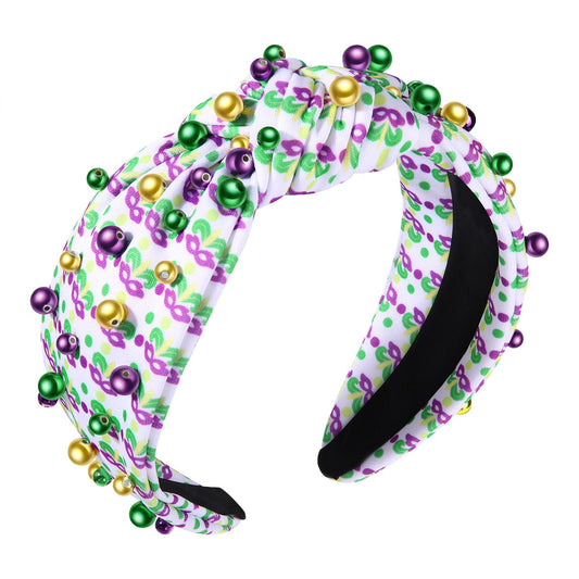 GLBCC Mardi Gras Headband for Women Purple Green Gold Beads Knotted Headband Accessories Mardi Gras Fleur De Lis Mask Head Band Carnival Parade Hair Accessories Gift