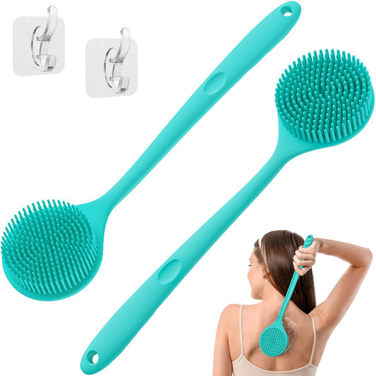 Manmihealth Silicone Back Scrubber for Shower 2 Pcs(Thick+Thin Bristles), 15'' Long Handle Body Scrubber, Light & Easy-to-Hold Shower Brush for Skin Exfoliating and Massaging with a Free Hook (Blue*2)