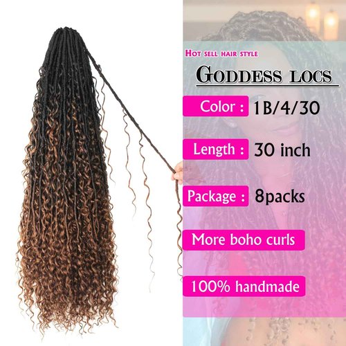 Goddess Locs Crochet Hair 30 Inch Faux Locs Crochet Pre-looped Boho Faux Loc with Curly Ends 8 Packs Long Bohemian River Loc Crochet Hair for Black Women(30Inch,1b/4/30)