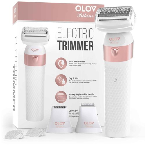 Bikini Trimmer for Women, IPX7 Waterproof Wet & Dry Electric Razors for Women, Bikini Legs Underarm Pubic Hairs Rechargeable Electric Shaver with 3 Trimmer Heads, Rose Gold