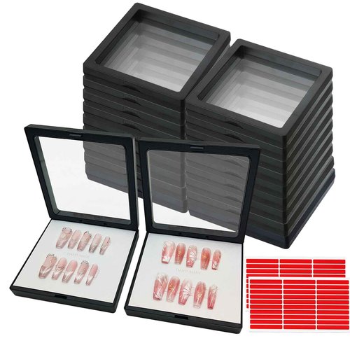 GUXACU Press On Nail Packaging Boxes - 3D Floating Storage and Display Box With 60pcs Double Sided Adhesive Tape for Nail Tech (Black, 4.3 Inch)