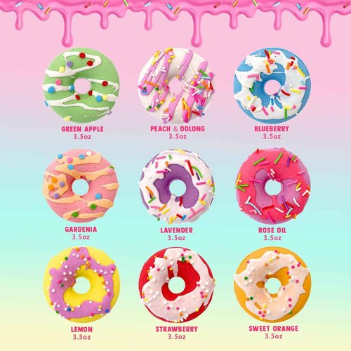 Donut Bath Bombs for Girls, 4oz/Pack of 9 Bath Bombs for Kids with Surprise Inside, Kids Bath Bombs with Jewelry Inside, Bath Bombs for Girl's Birthday Party Favor, Spa Day Gift