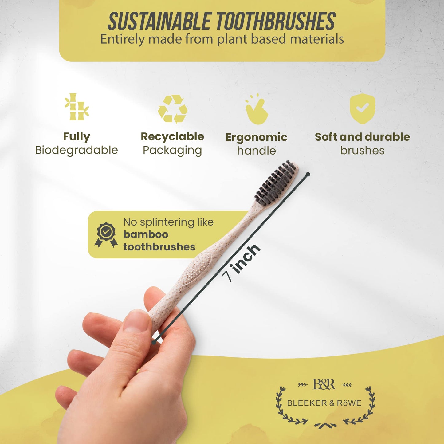 Bleeker and Rowe Biodegradable Eco-Friendly Toothbrushes - Individually Sealed - BPA Free Soft Bristles - Sustainable - Recycled Packaging (Pack of 10)