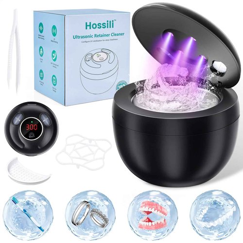 Hossili Ultrasonic Retainer Cleaner Machine, 200ML Ultrasonic Cleaning Pod with 4 Modes, Digital Timer for Denture Cleaner, Aligners, Mouth Guards, Braces, Jewelry & Toothbrush Heads