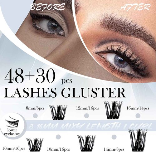 Luxury Lash Clusters Kit - Wispy & Fluffy Cluster Eyelash Extensions 8-16mm, 150H Wear | Korean Hypoallergenic PBT Fibers, Waterproof Glue & Seal | Gift Ready Premium Box (Volume-black box)