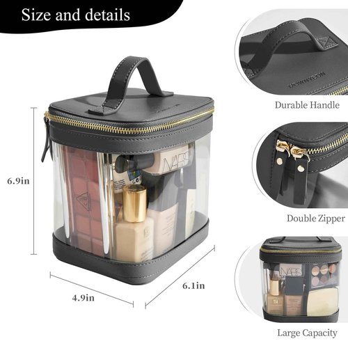 ROWNYEON Large CLear Travel Makeup Bag for Women，Transparent Cosmetic Bag with Handle，Portable Makeup Case Organizer，Waterproof Toiletry Organizer Train Case, Black