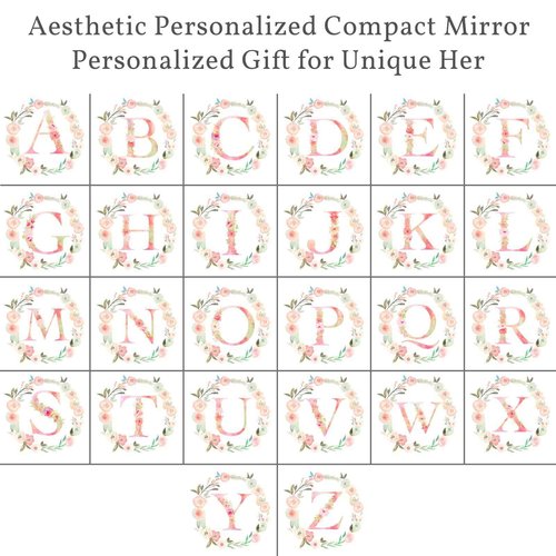 Personalized Gift Initial Compact Mirror w Makeup Bag for Women Sister Daughter Mom Wife, Floral Monogram Alphabet Small Mirror Ideal Gift on Birthday, Christmas, Graduation (A + Bag, ROSE GOLD)
