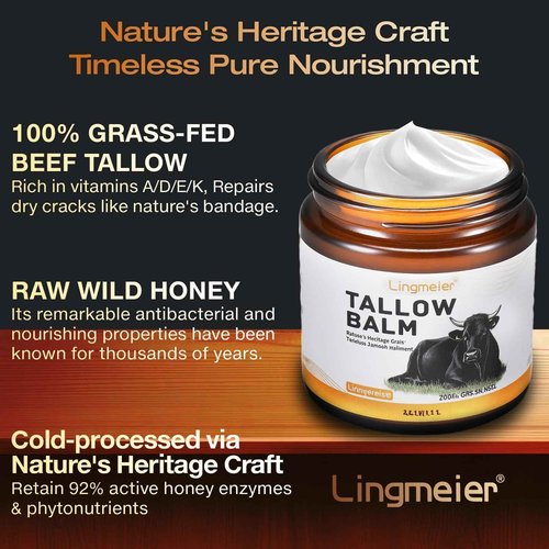 Lingmeier Beef Tallow for Skin, Whipped Tallow Balm with Grass Fed Beef Tallow and Honey Balm (Unscented), Natural Moisturizer Cream for Dry and Sensitive Skin, Eczema, Rosacea(4 OZ)