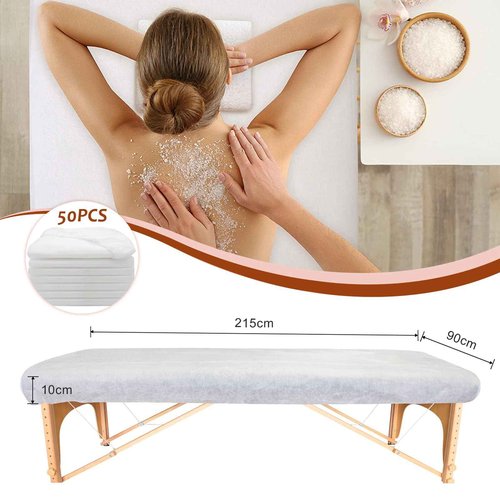 Rngwaper 50PCS Disposable Fitted Massage Table Sheets, Heavy Duty Elastic Disposable Bed Cover, Breathable Disposable Fitted Sheets for Spa White Non Woven Fabric 36 x 85 Inch