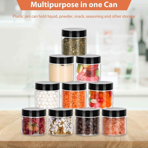 Betrome 50pcs 2 oz Clear Plastic Round Jars with Black Lids, 2oz 60ml Leak-Proof Wide-Mouth Cosmetic Storage Containers for Kitchen Use, Beauty Products, Cream, Scrubs, Bath Salt and More