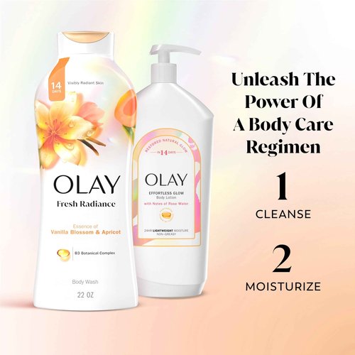 Olay Body Wash for Women, Fresh Radiance, Refreshing & Renewing, Made with Plant Based Cleansers, B3 Botanical Complex, For All Skin Types, Vanilla Blossom & Apricot Scent, 22 fl oz (Pack of 4)