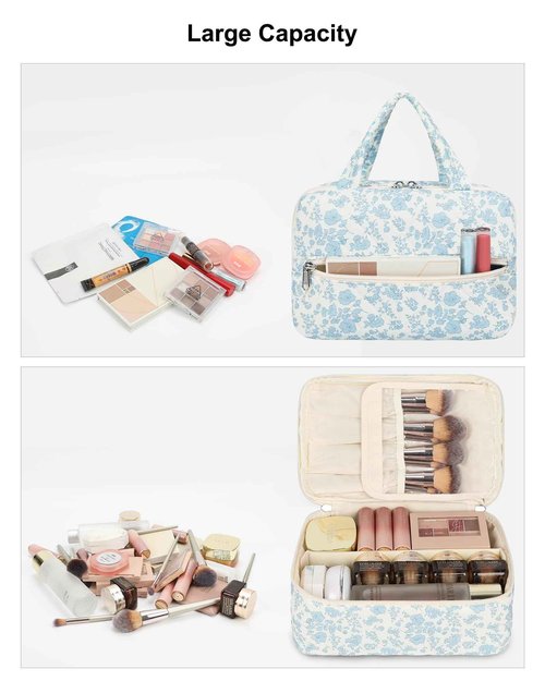Large Makeup Bag, Travel Cotton Floral Makeup Bag Quilted Cosmetic Bag Gifts for Women Girls Portable Cute Makeup Organizer Bag With Removable Divide and Makeup Brush Compartment