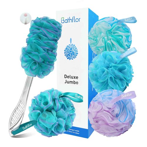 Bathflor Loofah Sponge, 6-in-1 Loofahs for Men Women, 80g Large Shower Exfoliating Body Scrubber, 4 Bath Sponge Loofa Packs, 1 Loofah with Handle Body Wash Back Scrubber, 1 Luffa Hook, Colors